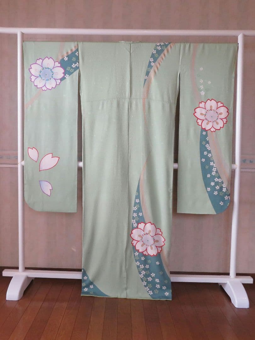 5191 振袖単品　桂由美 正絹 黃緑若草色 成人式結婚式卒業式　桜 ちりめん