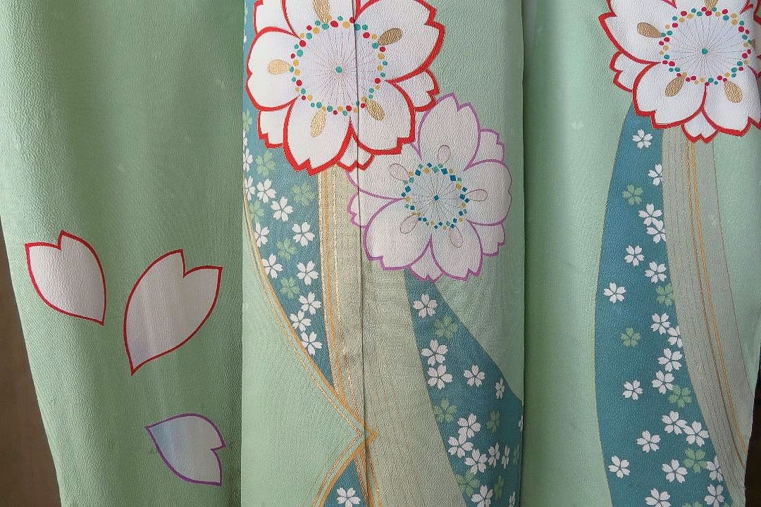 5191 振袖単品　桂由美 正絹 黃緑若草色 成人式結婚式卒業式　桜 ちりめん