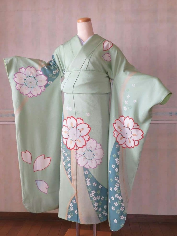 5191 振袖単品　桂由美 正絹 黃緑若草色 成人式結婚式卒業式　桜 ちりめん