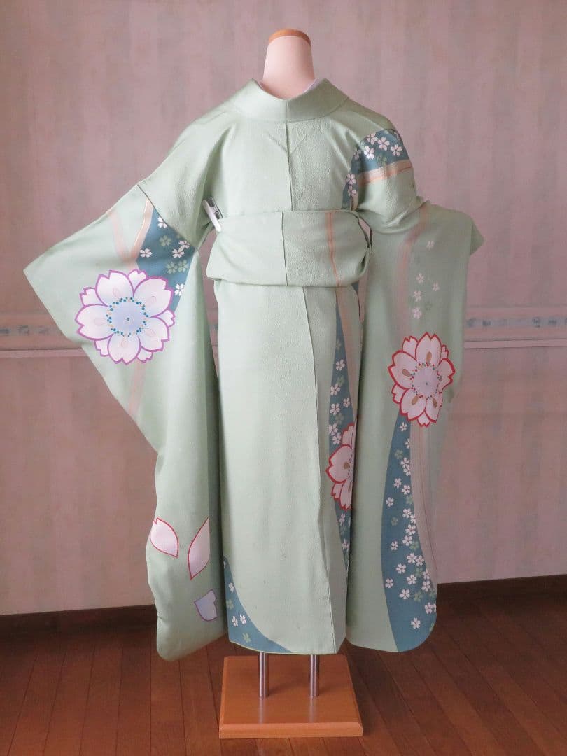 5191 振袖単品　桂由美 正絹 黃緑若草色 成人式結婚式卒業式　桜 ちりめん