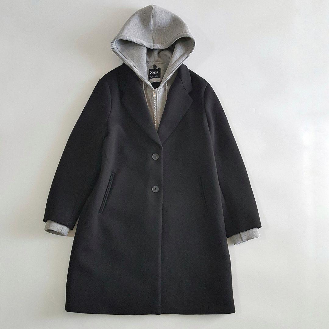 ZARA レディース 2in1 レイヤード フーデットコート 黒 Lサイズ