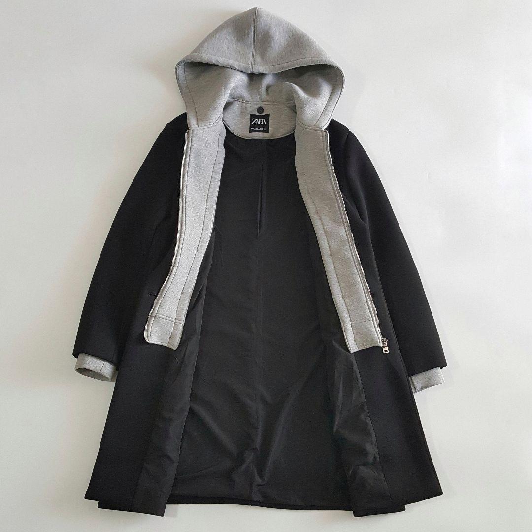 ZARA レディース 2in1 レイヤード フーデットコート 黒 Lサイズ