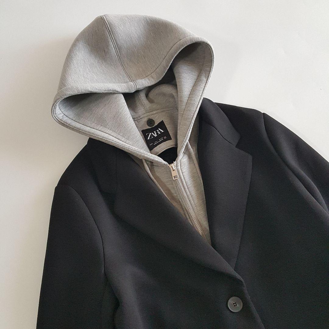 ZARA レディース 2in1 レイヤード フーデットコート 黒 Lサイズ