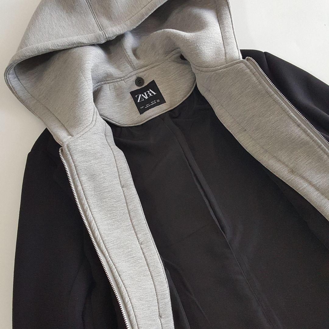 ZARA レディース 2in1 レイヤード フーデットコート 黒 Lサイズ