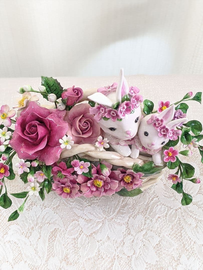 【専用】クレイフラワー♥かごにお花とうさぎさん♥ハンドメイド