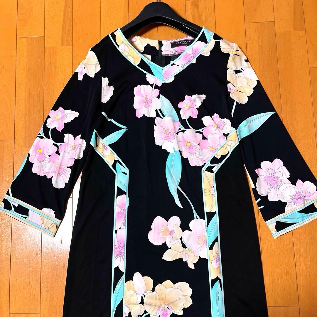 【近年タグ 美品】レオナール カンカン素材 花柄ワンピース 38