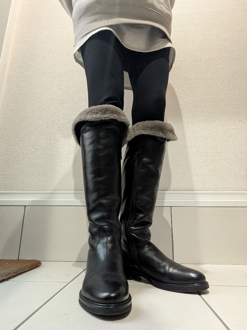 ☆ルカグロッシ☆ファー付きレザー ロングブーツ ブラック