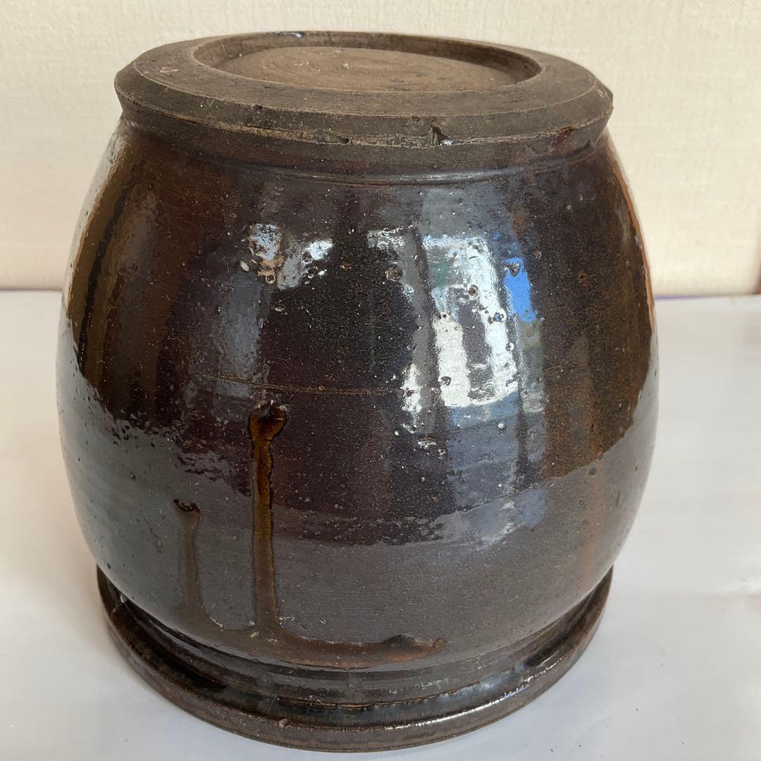 松代焼　褐釉黒彩壺　明治時代頃
