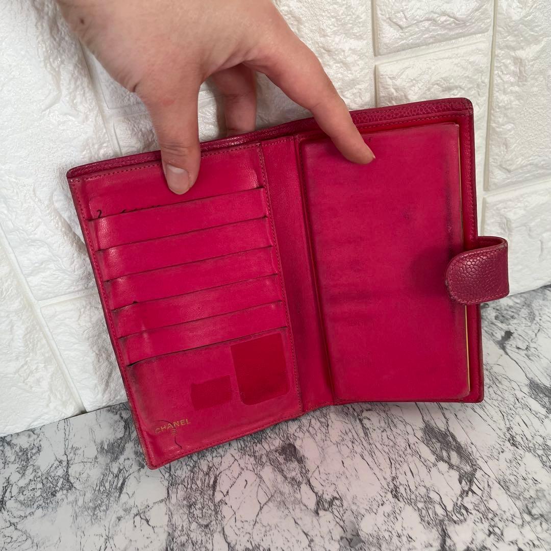 CHANEL シャネル キャビアスキン レザー がま口 二つ折り財布 ピンク