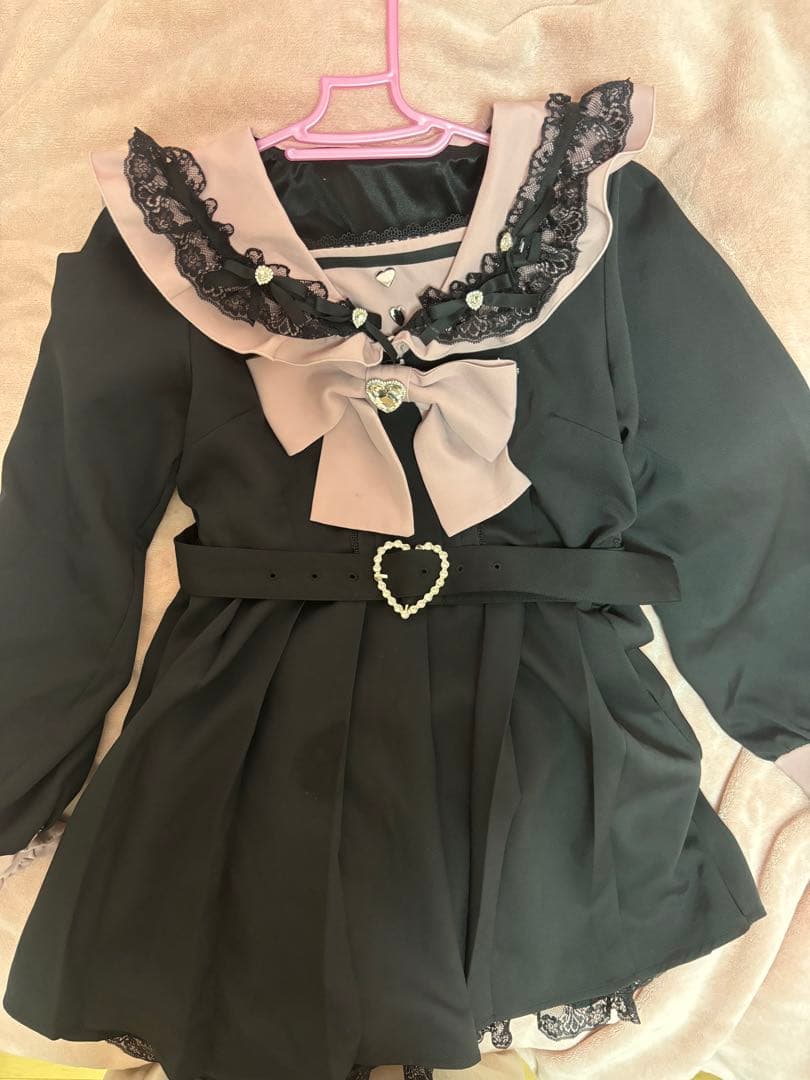 セーラービジューレースフリルワンピース【長袖】　ピンク　黒　DearMyLove