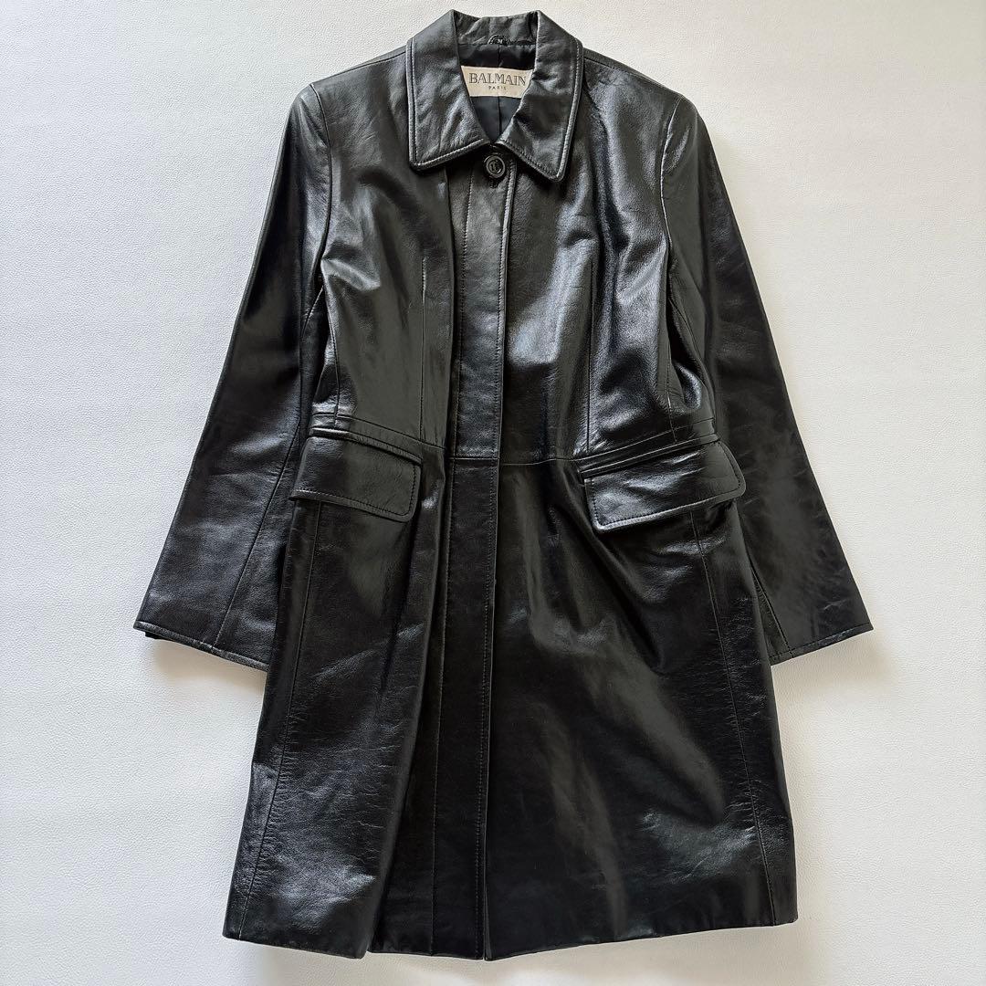 【高級】 美品✨BALMAIN ロングレザーコート ラムレザー　黒