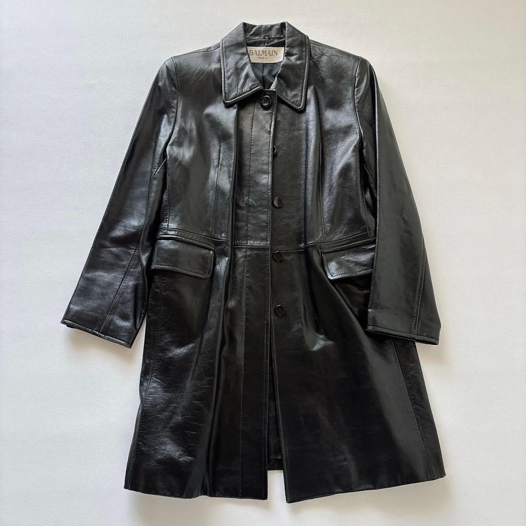 【高級】 美品✨BALMAIN ロングレザーコート ラムレザー　黒