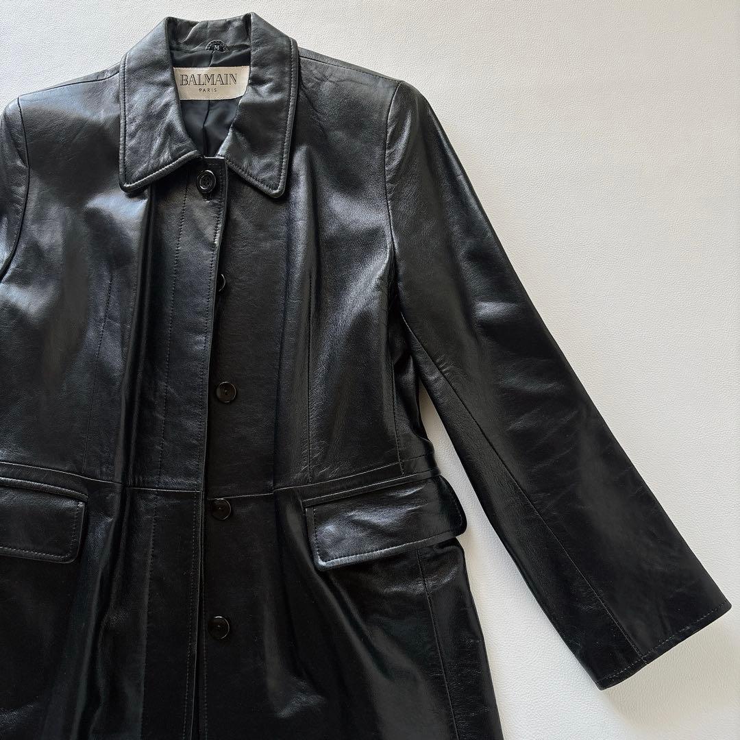 【高級】 美品✨BALMAIN ロングレザーコート ラムレザー　黒