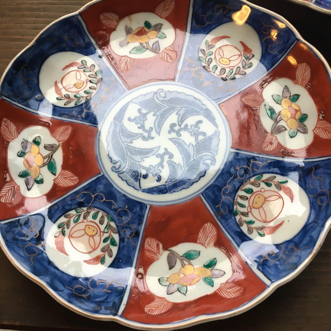 古伊万里　赤絵　冨貴長春　七寸皿/染錦　/金彩　染付/3枚