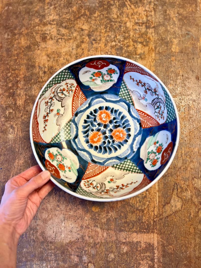 古伊万里　大鉢　色絵　赤絵　染付　二高台　食器　アンティーク　古道具