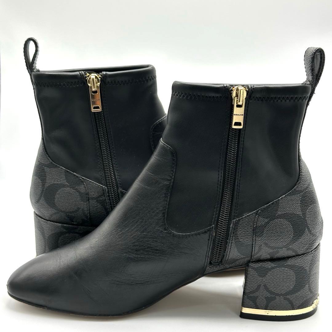 COACH コーチ サイドジップ シグネチャー レザー ショートブーツ　24.5