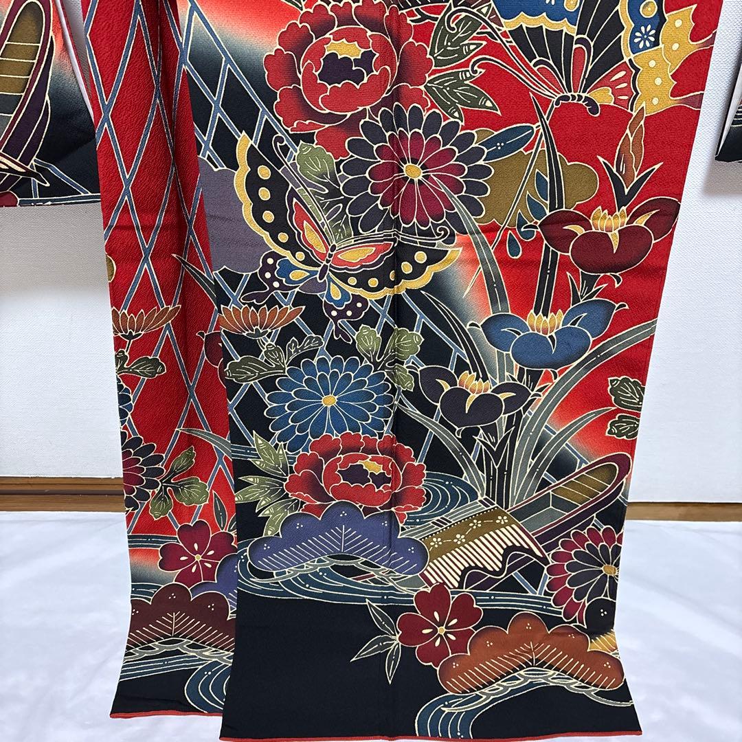 振袖 京紅型染め【宮崎良次】宮崎紅型 正絹 花蝶 赤色 袷着物 成人式