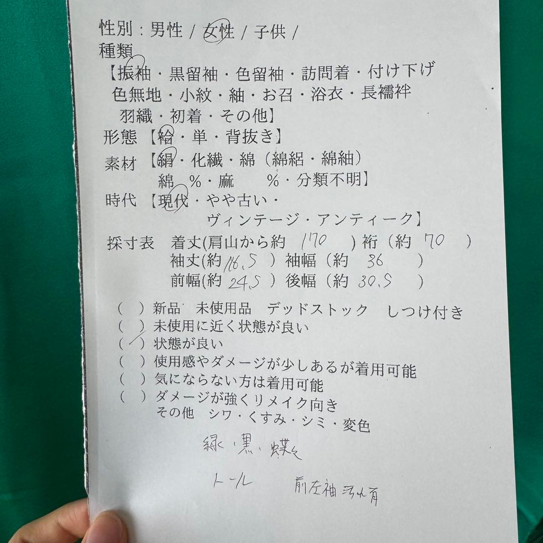 美品　現代　振袖　成人式　着物　170裄70 緑　黒　金　シンプル　無地　蝶々