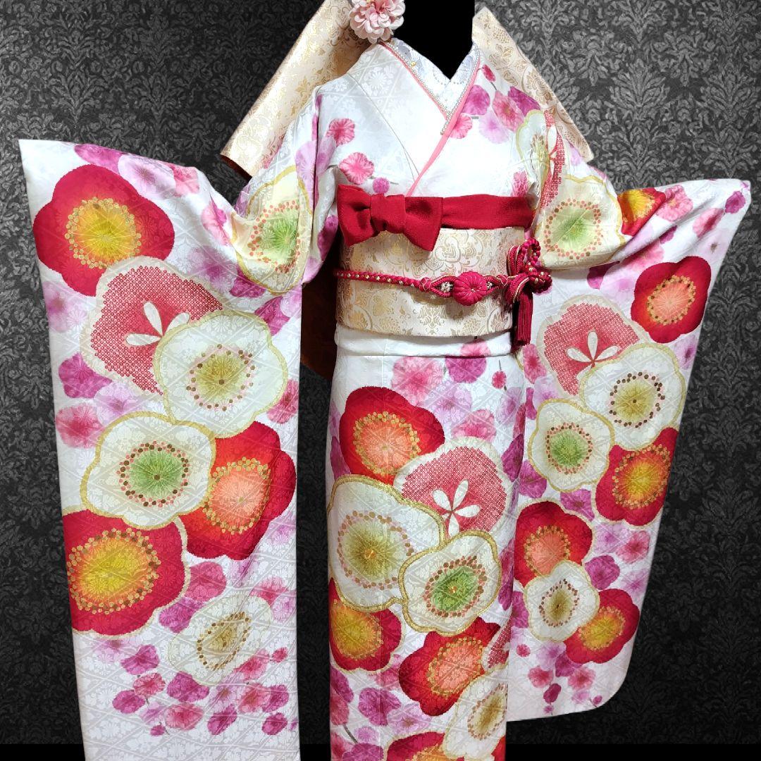 SALE中☆振袖フルセット(7点)・成人式・古典柄・金彩加工・鹿の子柄・金駒刺繍