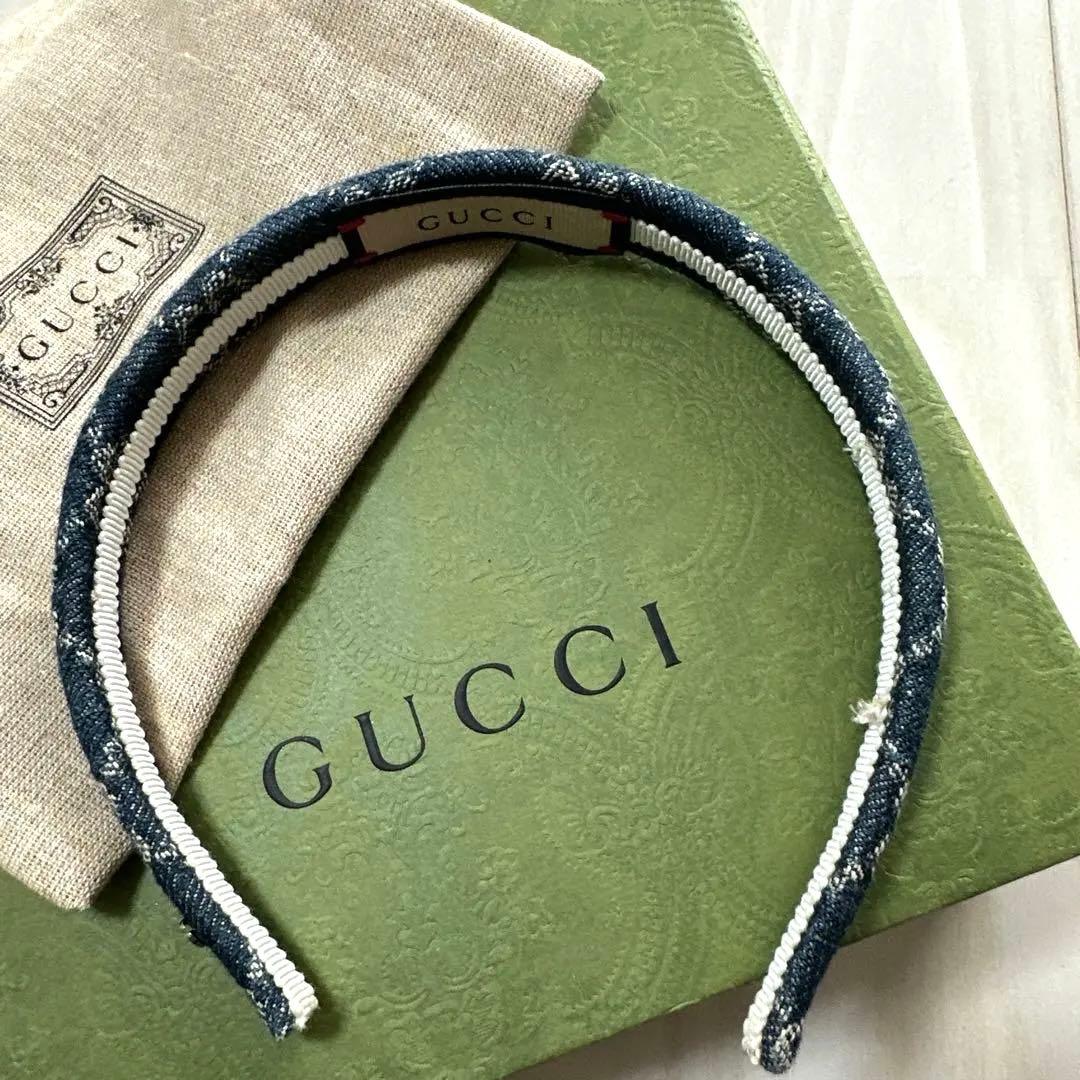 GUCCI デニム ヘアバンド　カチューシャ ロゴ　袋箱付