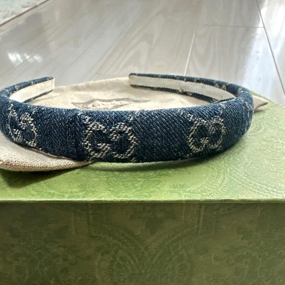 GUCCI デニム ヘアバンド　カチューシャ ロゴ　袋箱付