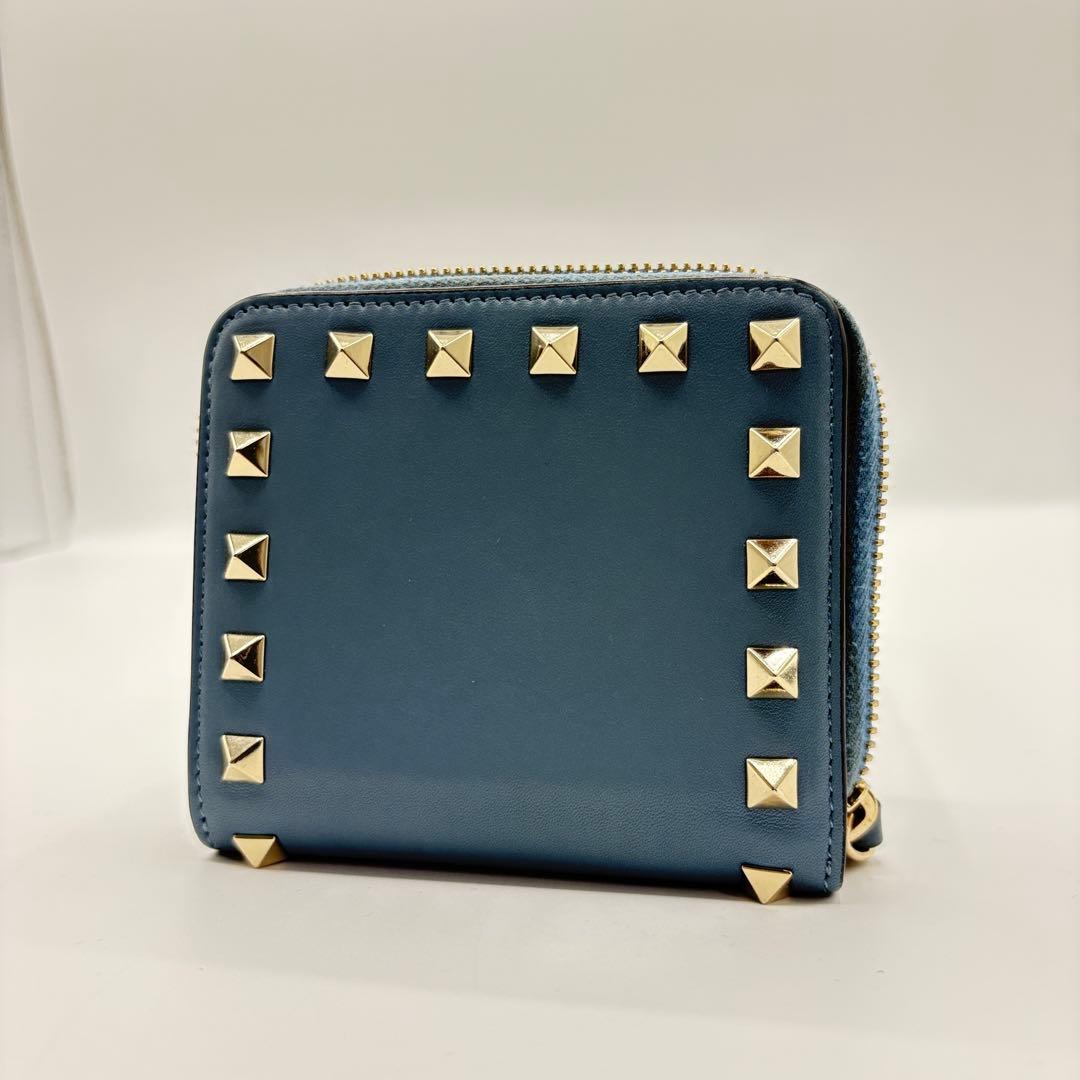 VALENTINO GARAVANI スタッズ レザー 二つ折り財布 ブルー