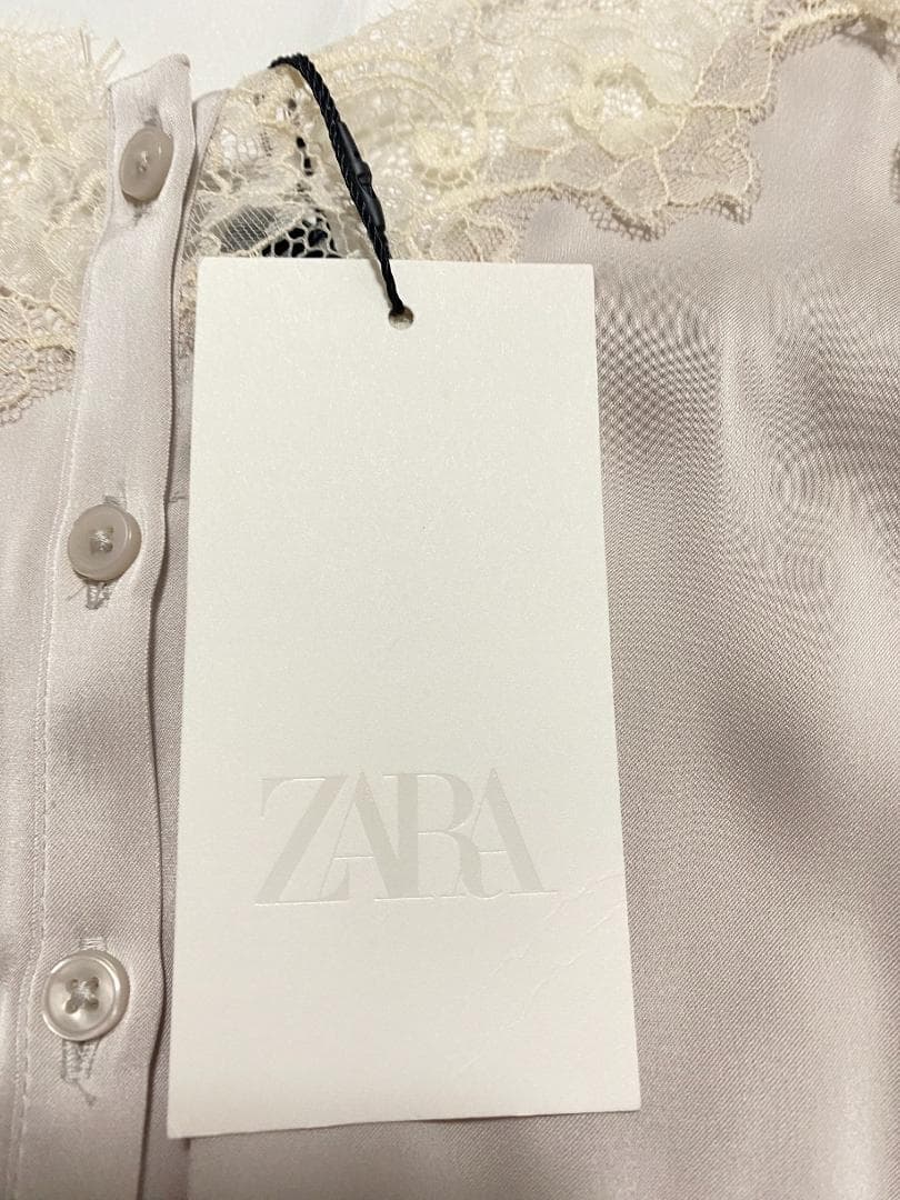 【ZARA】 サテン レースキャミソール パールグレー M