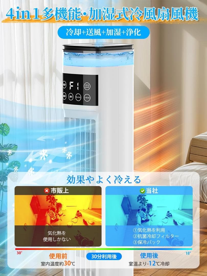 冷風扇 冷風扇風機 スリムタワー型 ダブル水タンク 加湿機能