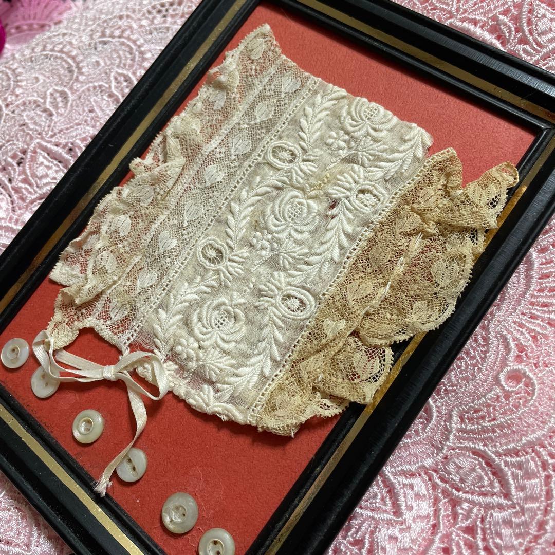 ゆめたん　アンティーク手刺繍のフランス製ボネの額、他2点セット