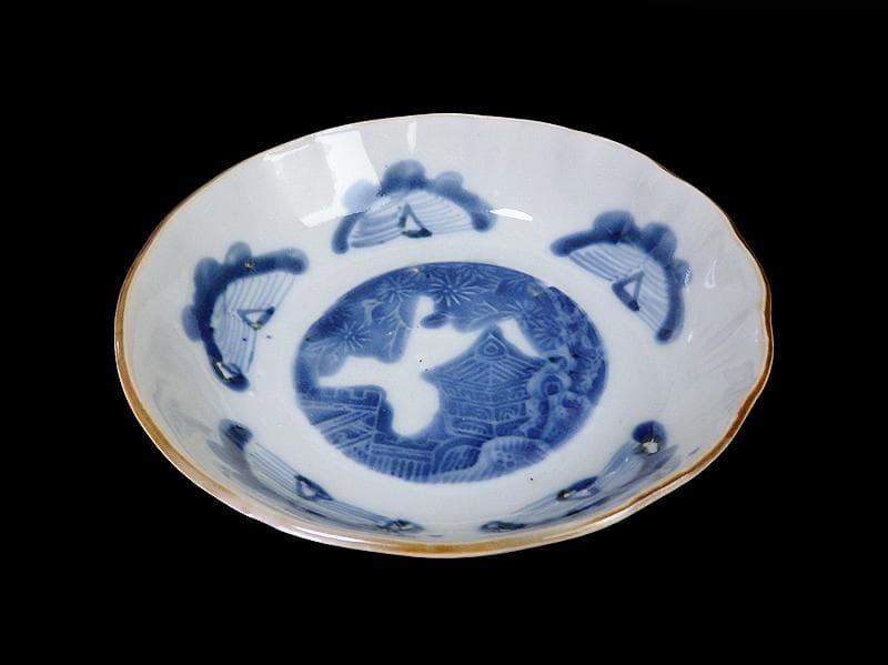 古伊万里　染付　松に東塔　蝶の図　膾皿　２客　C882-CYq