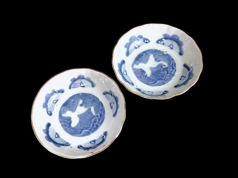 古伊万里　染付　松に東塔　蝶の図　膾皿　２客　C882-CYq