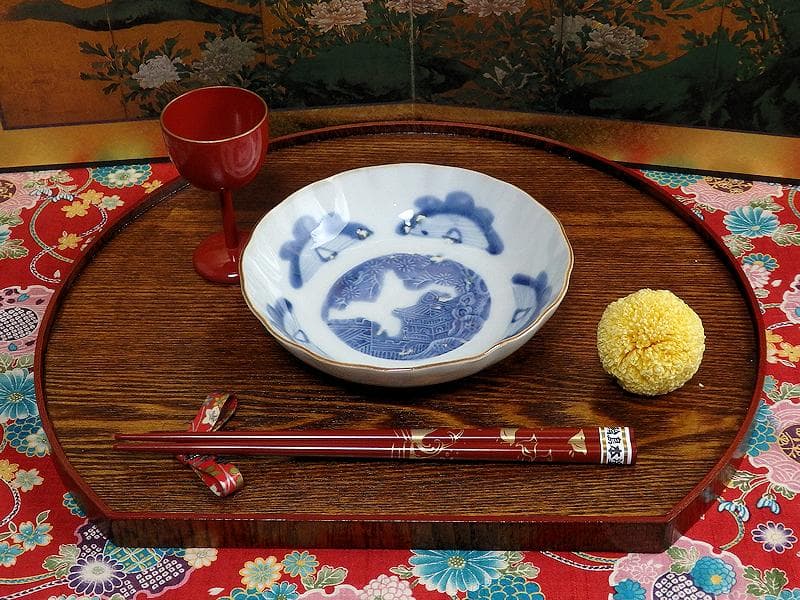 古伊万里　染付　松に東塔　蝶の図　膾皿　２客　C882-CYq