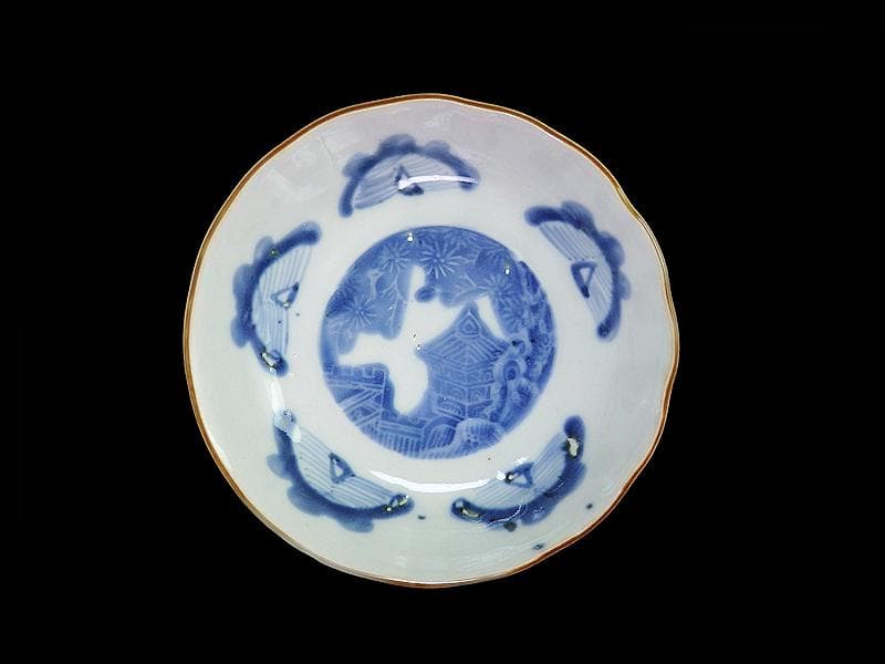古伊万里　染付　松に東塔　蝶の図　膾皿　２客　C882-CYq