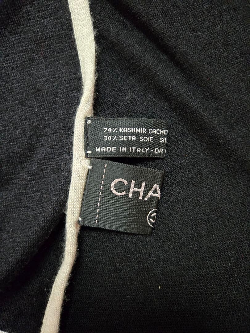 CHANEL カシミア シルクロゴ刺繍 大判ストール ブラック