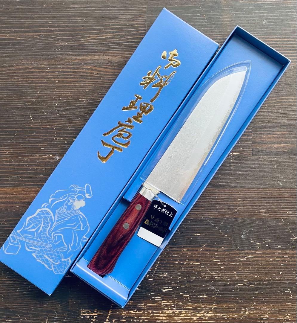 増谷刃物 訓平作 三徳包丁 VG1ステンレス 梨地 口金有 レッド柄