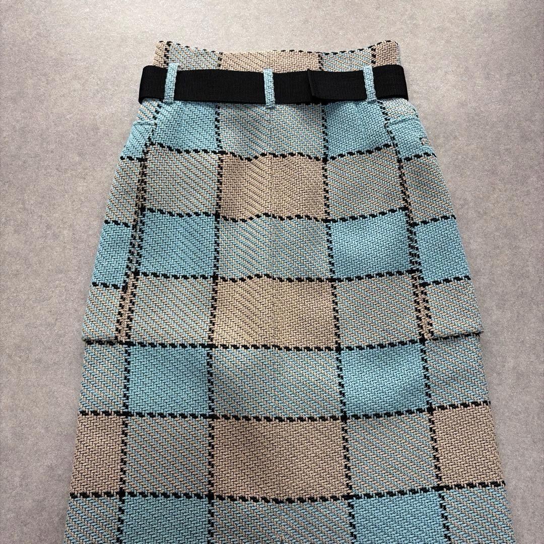 アダムエロペ♡チェックタイトスカート ベルト付き 38 ブルー×ベージュ