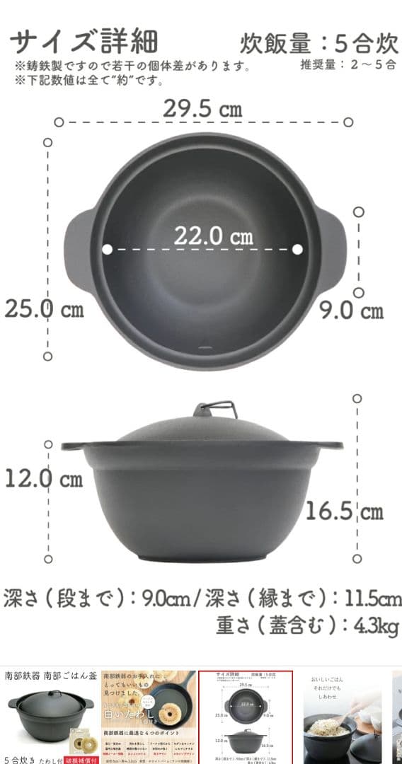 及源 (OIGEN) 南部鉄器 南部ごはん釜 5合炊き F-413【保証書付】