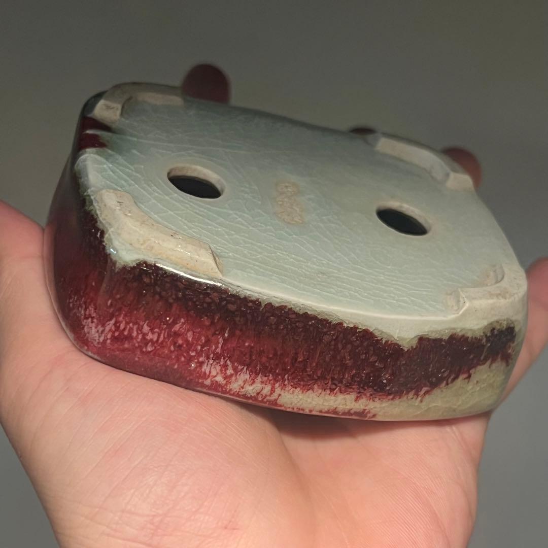 834.秋直 窯変辰砂長方 盆栽鉢 植木鉢 10.3*8.8.*3cm