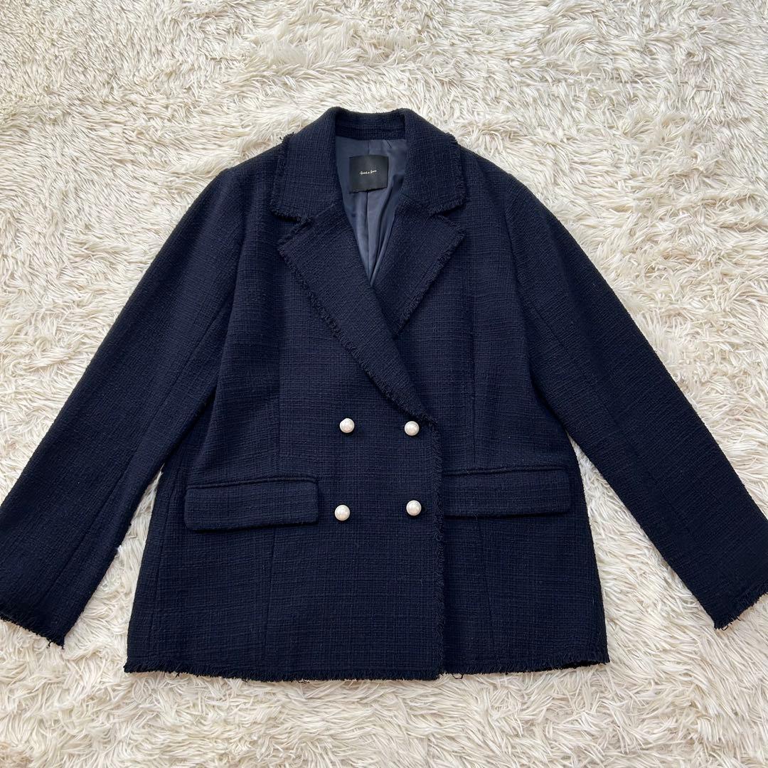 Spick & Span ツイードジャケット ダブル パールボタン ネイビー