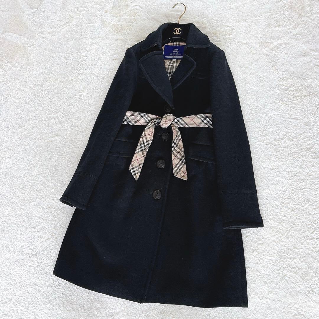 希少✨【バーバリーブルーレーベル】アンゴラウール ノバチェック ロングコート 黒