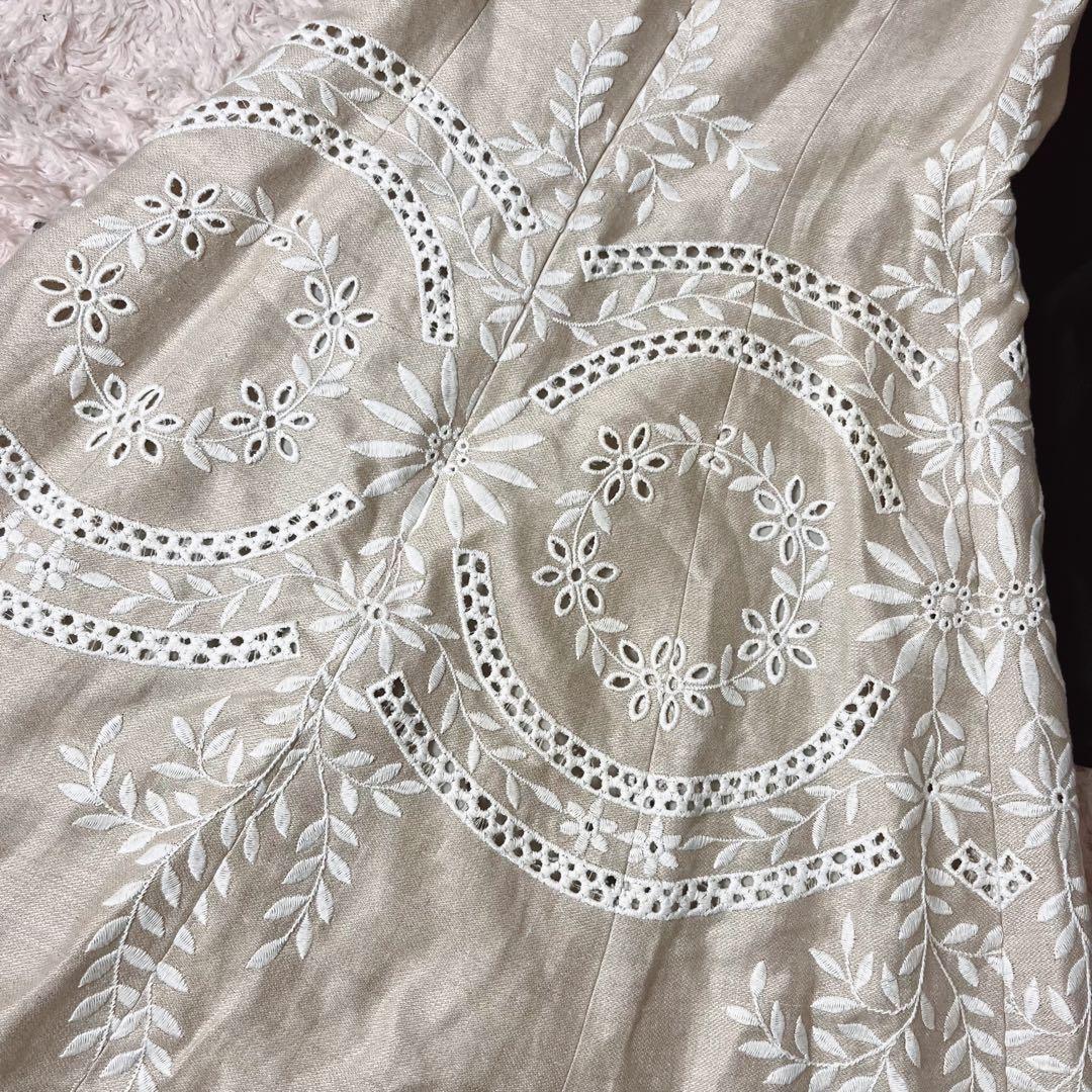 ✖︎ フォクシー ノースリーブ ワンピース リネン 刺繍 フラワー ベージュ M
