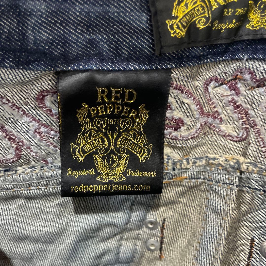 red pepper デニム　折り返し　チェック　豪華刺繍　ジーンズ　26