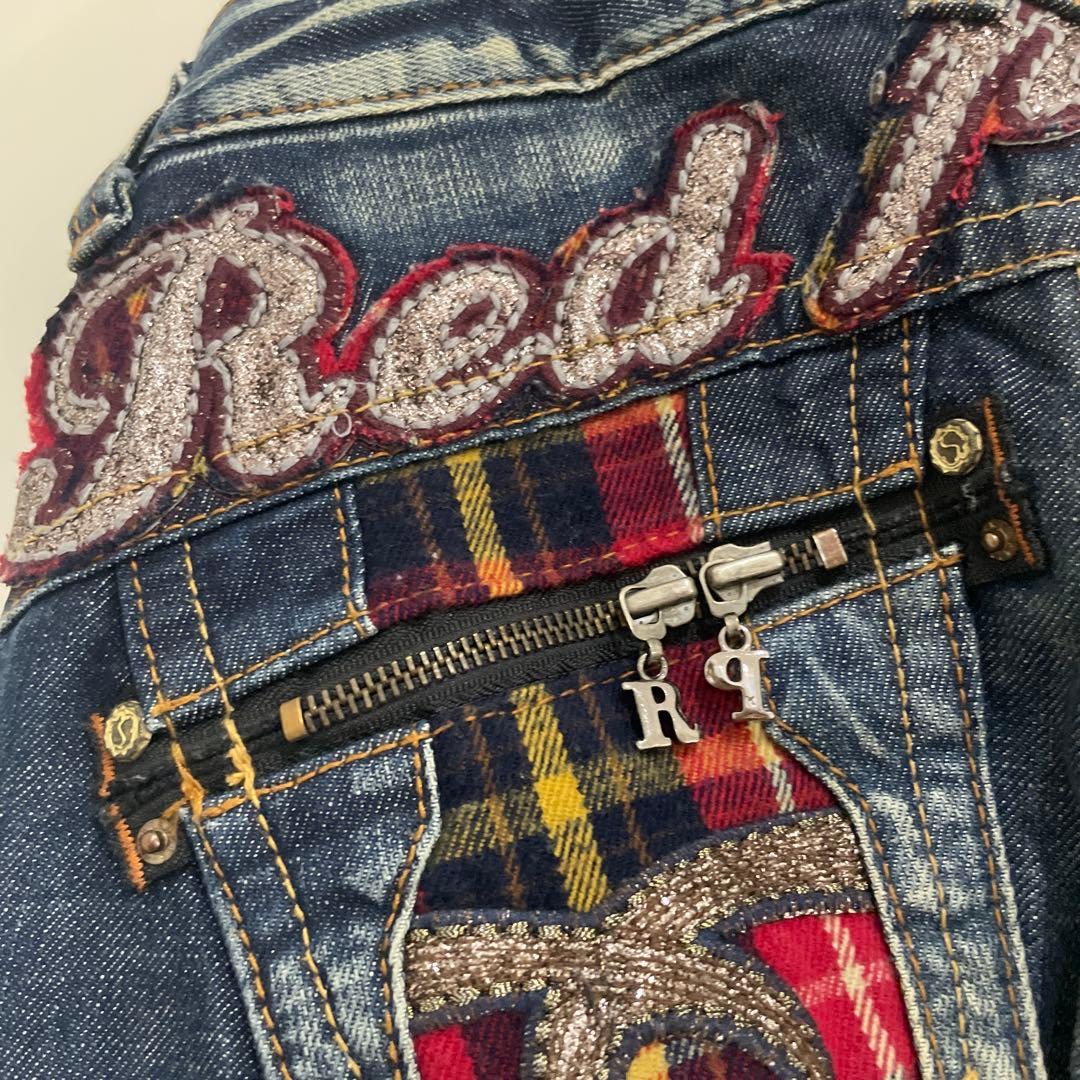 red pepper デニム　折り返し　チェック　豪華刺繍　ジーンズ　26