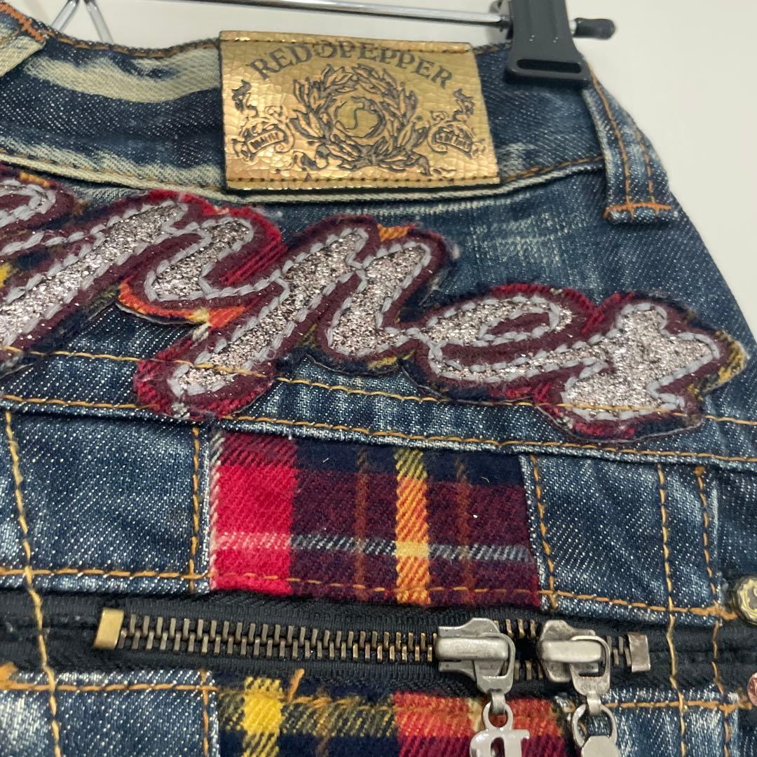 red pepper デニム　折り返し　チェック　豪華刺繍　ジーンズ　26