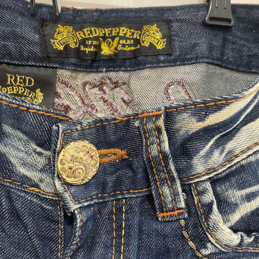 red pepper デニム　折り返し　チェック　豪華刺繍　ジーンズ　26