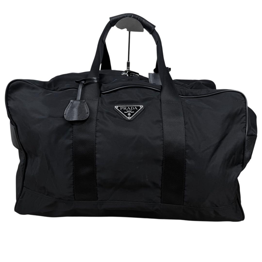 【美品】PRADA プラダ 大容量ボストンバッグ 三角ロゴ 南京錠 ナイロン 黒