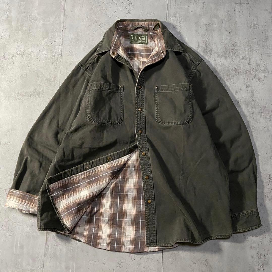 美品　L.L.Bean カーキ　シャツ チェック裏地付き　コットン　ロング丈