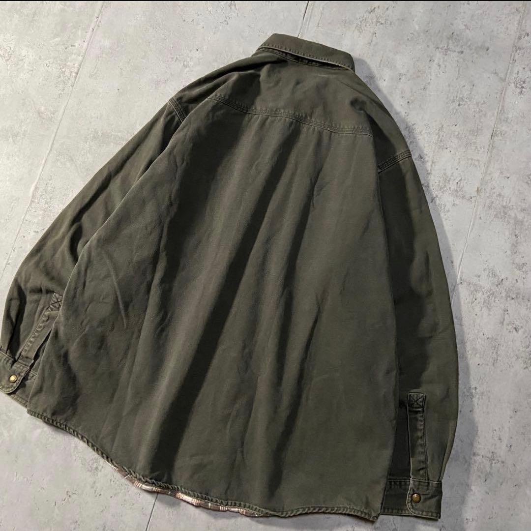 美品　L.L.Bean カーキ　シャツ チェック裏地付き　コットン　ロング丈