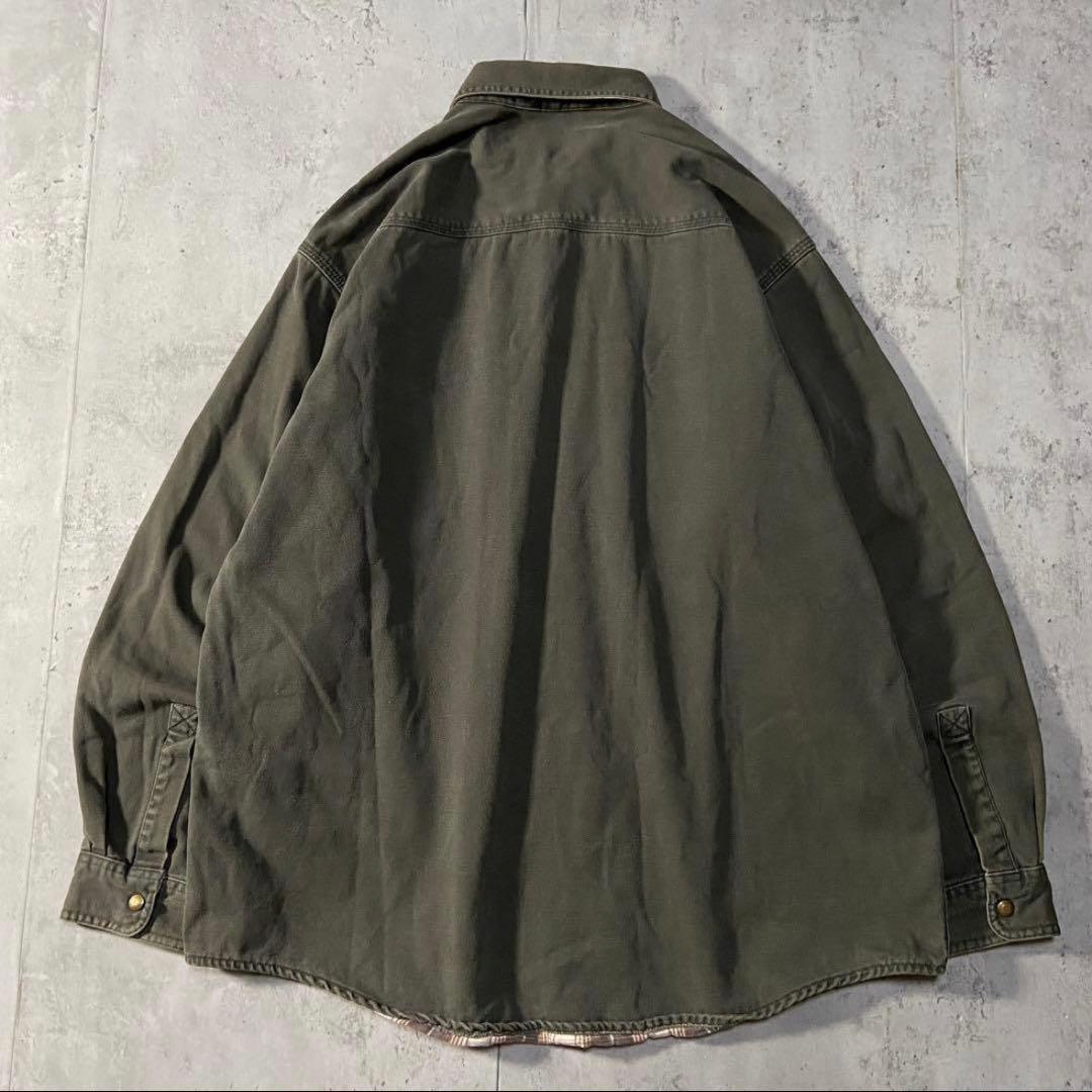美品　L.L.Bean カーキ　シャツ チェック裏地付き　コットン　ロング丈