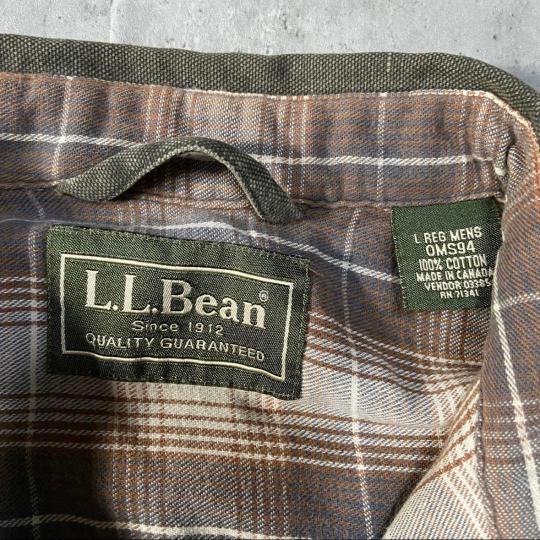 美品　L.L.Bean カーキ　シャツ チェック裏地付き　コットン　ロング丈